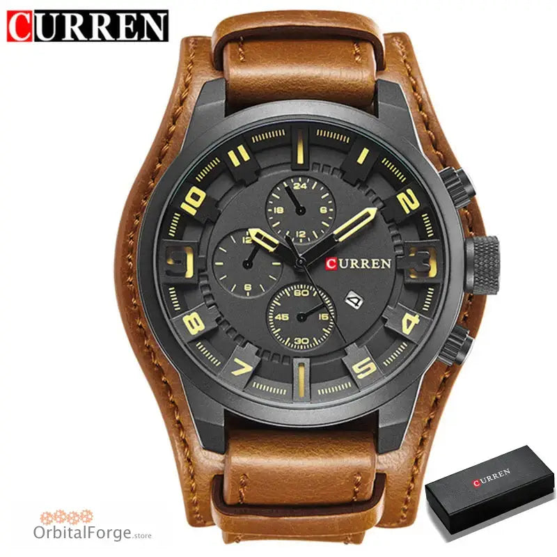 Curren brand wristwatch with a brown leather strap and black dial featuring yellow accents.