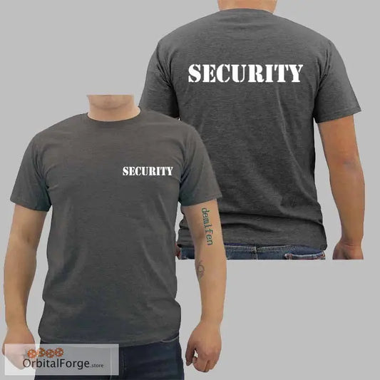 Dark gray security t-shirt for event staff featuring double-sided print in regular fit