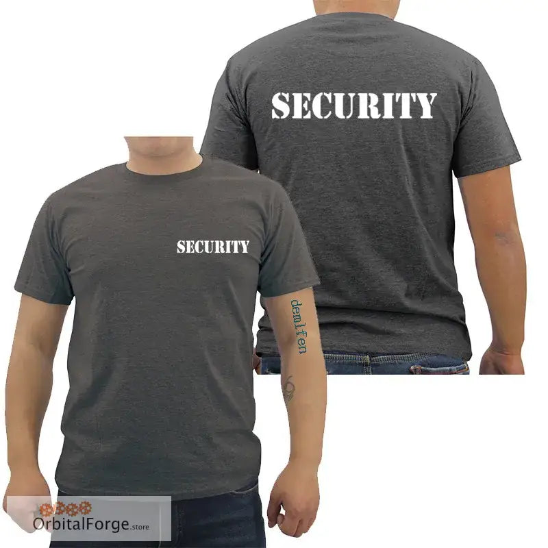 Dark gray security t-shirt for event staff with double-sided print in regular fit