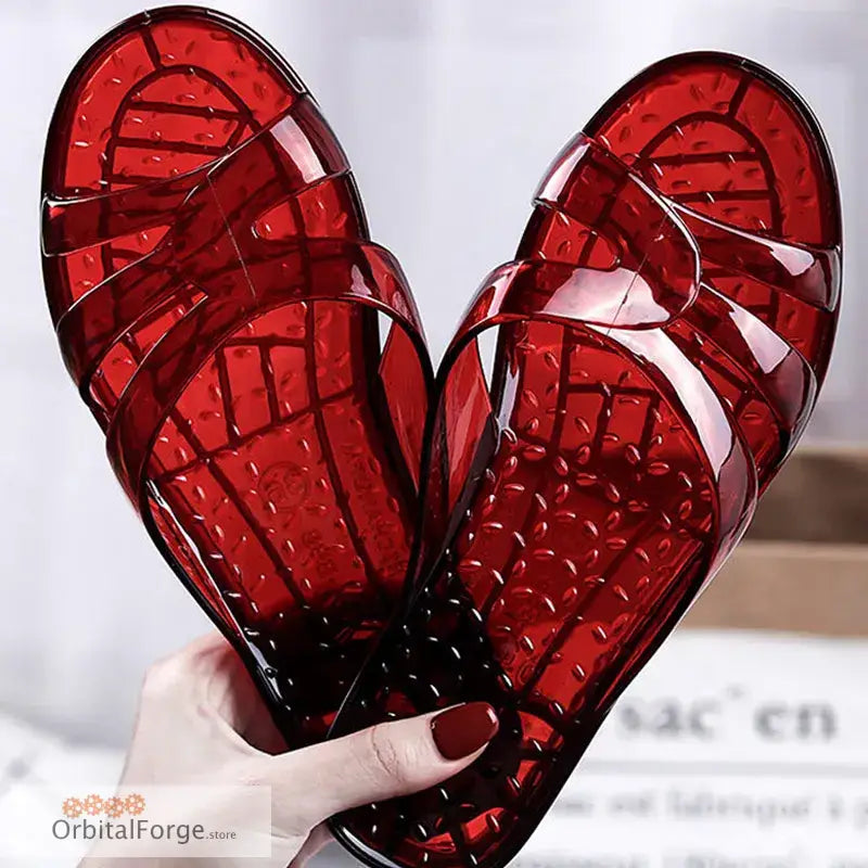 Dark Red Fashion Jelly Flats for Women - Transparent Anti-Slip Slides Casual Round Toe Sandals Sizes UK 2-12 - Dark red