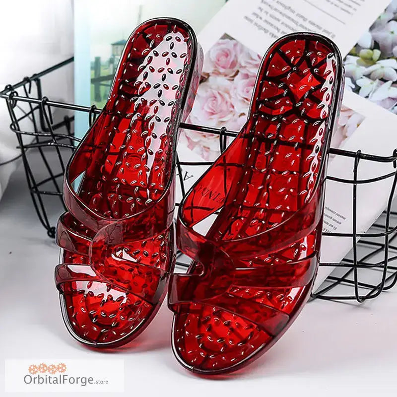 Dark Red Fashion Jelly Flats for Women - Transparent Anti-Slip Slides Casual Round Toe Sandals Sizes UK 2-12