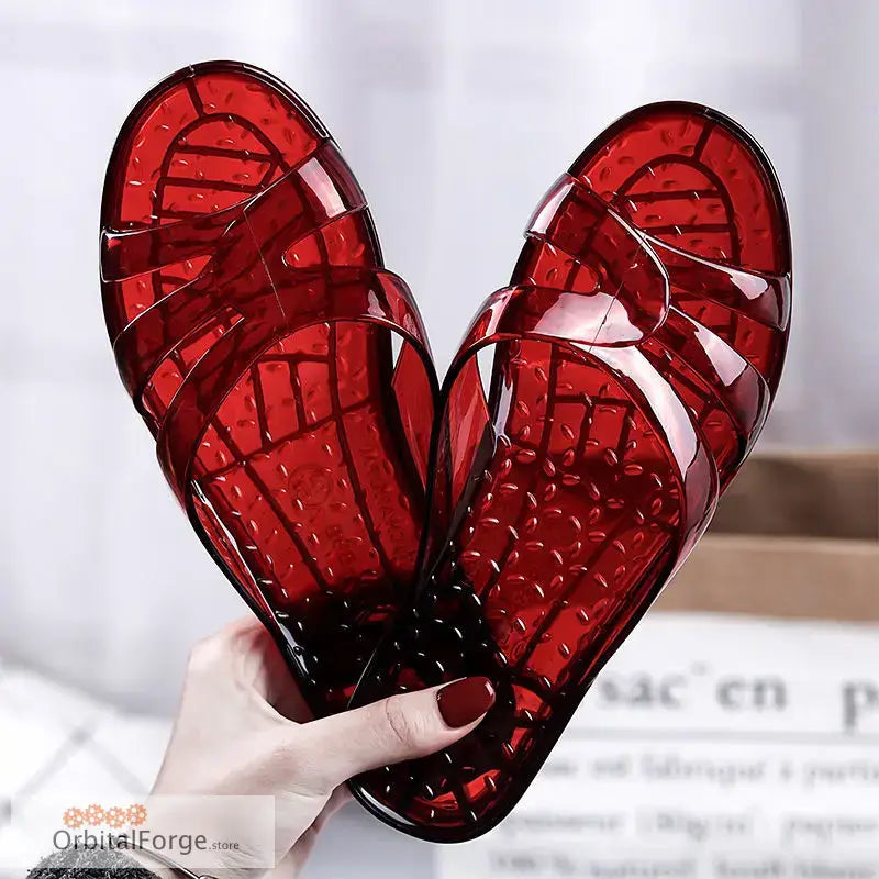 Dark Red Fashion Jelly Flats for Women - Transparent Anti-Slip Slides Casual Round Toe Sandals Sizes UK 2-12