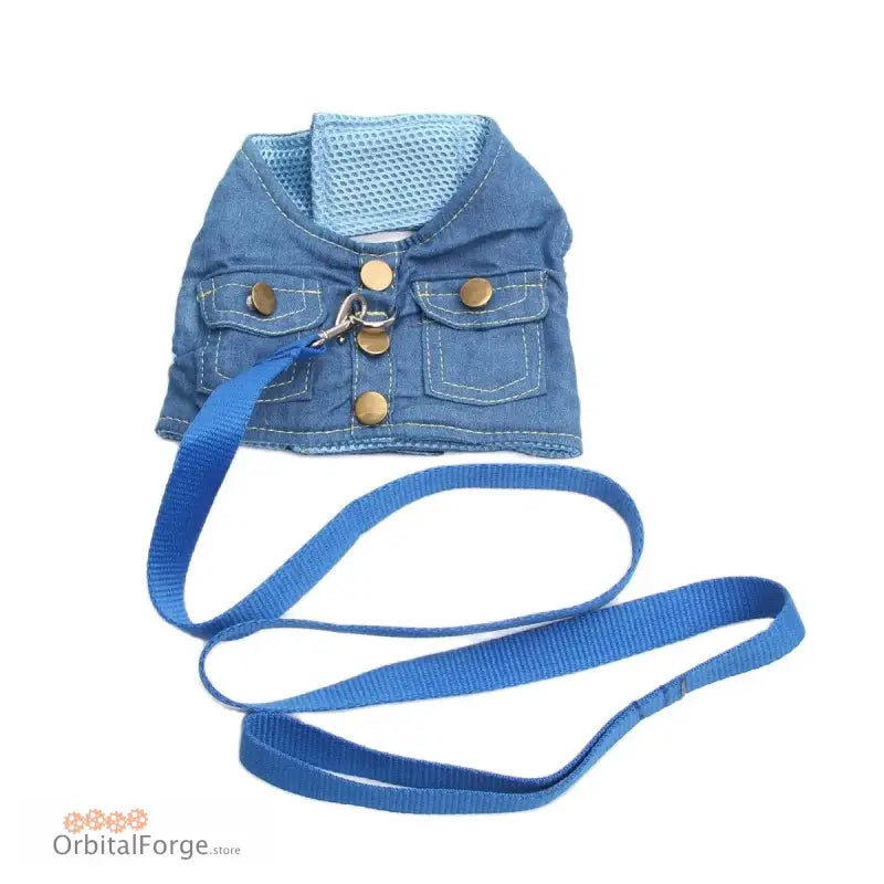 Denim pet vest with blue leash attached.