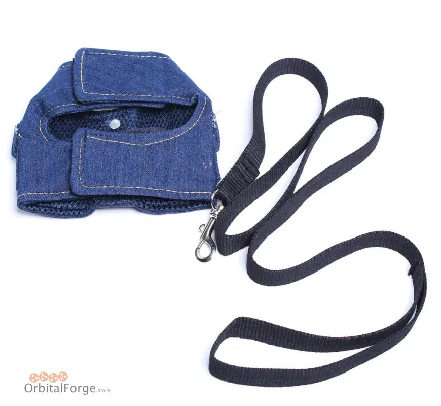 Denim pet harness with attached black nylon leash.