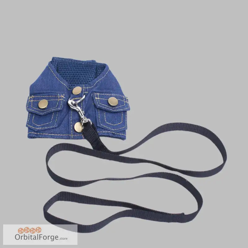 Denim Pet Harness and Leash Set featuring adjustable chest strap and black leash