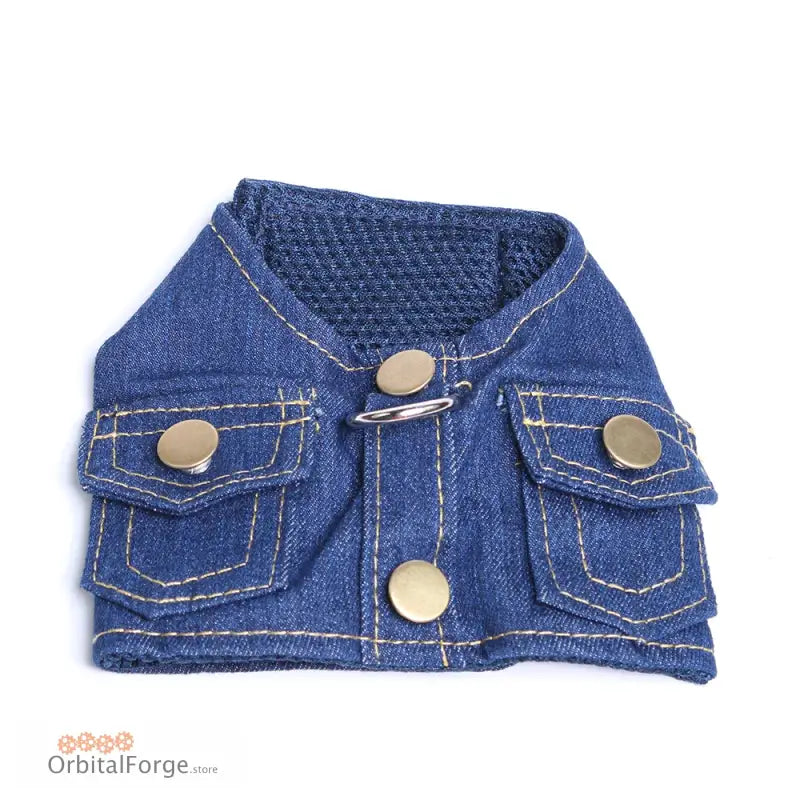 Denim vest with snap buttons and front pockets.