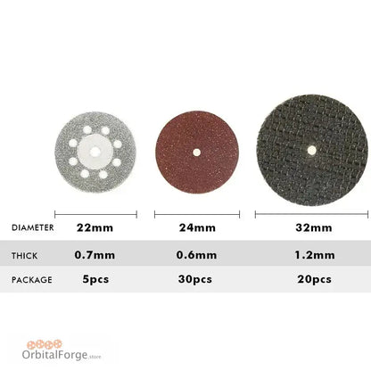 Cutting wheel assortment with specifications.