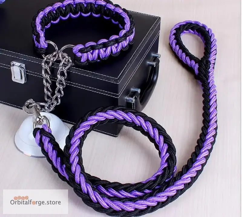 Double Strand Rope Dog Leash & Collar Set - 1.2m Reflective Nylon with Metal Buckle for Large Dogs S-XL Sizes - Black