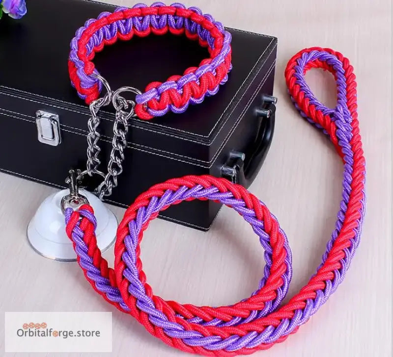 Double Strand Rope Dog Leash & Collar Set - 1.2m Reflective Nylon with Metal Buckle for Large Dogs S-XL Sizes - Purple