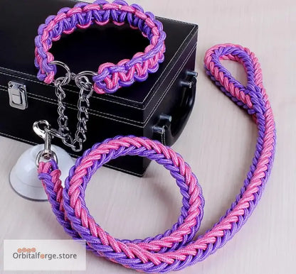 Double Strand Rope Dog Leash & Collar Set - 1.2m Reflective Nylon with Metal Buckle for Large Dogs S-XL Sizes - Purple