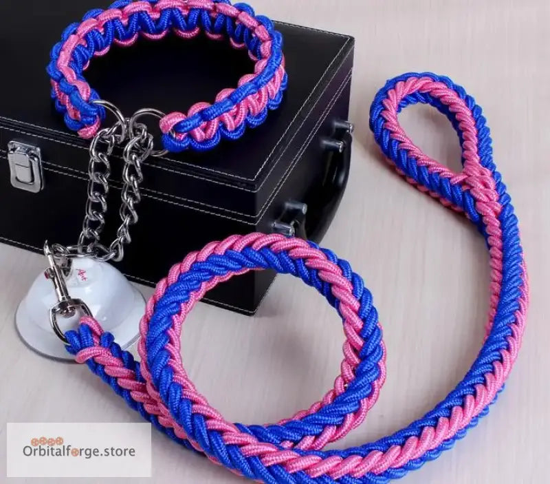 Double Strand Rope Dog Leash & Collar Set - 1.2m Reflective Nylon with Metal Buckle for Large Dogs S-XL Sizes - Blue