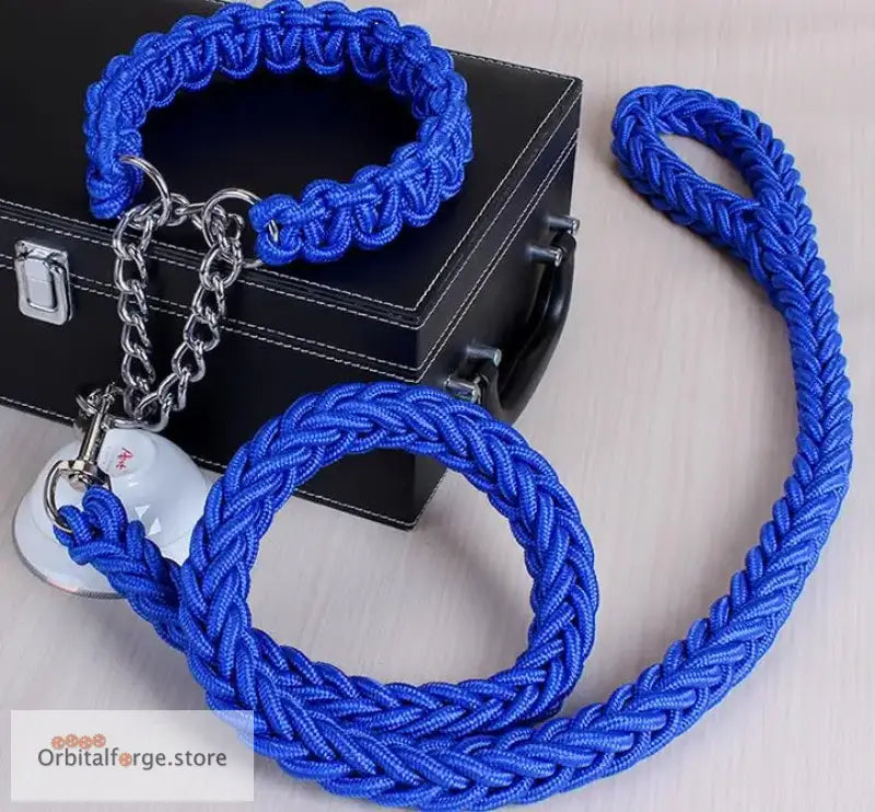 Double Strand Rope Dog Leash & Collar Set - 1.2m Reflective Nylon with Metal Buckle for Large Dogs S-XL Sizes - Blue