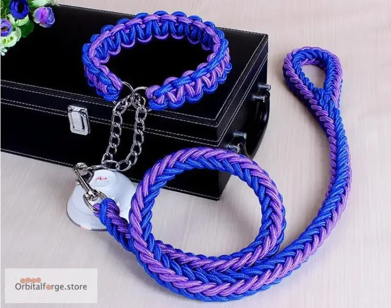 Double Strand Rope Dog Leash & Collar Set - 1.2m Reflective Nylon with Metal Buckle for Large Dogs S-XL Sizes