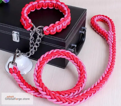 Double Strand Rope Dog Leash & Collar Set - 1.2m Reflective Nylon with Metal Buckle for Large Dogs S-XL Sizes - Pink