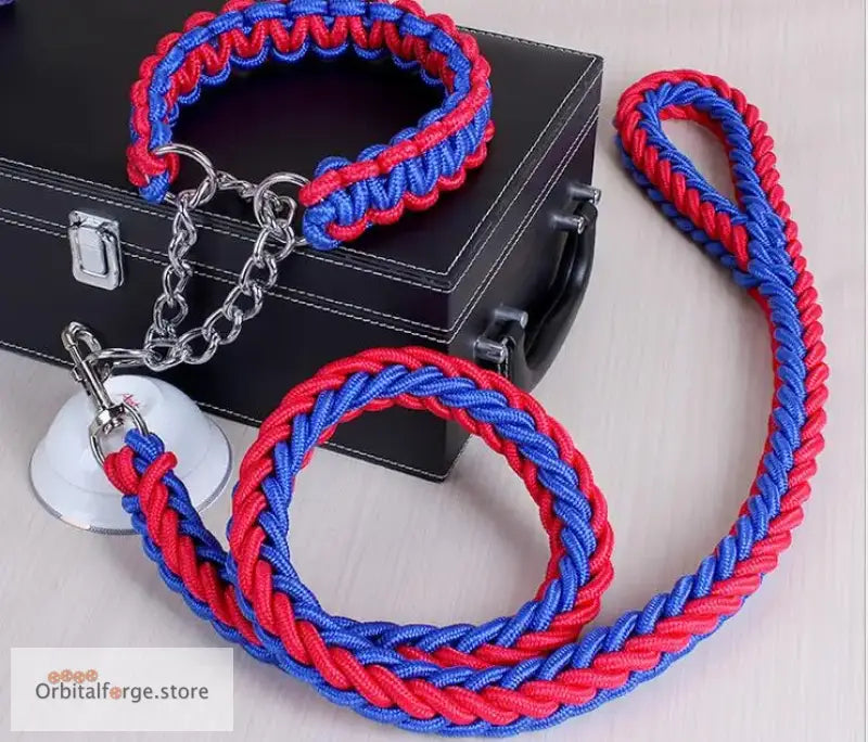 Double Strand Rope Dog Leash & Collar Set - 1.2m Reflective Nylon with Metal Buckle for Large Dogs S-XL Sizes - Blue