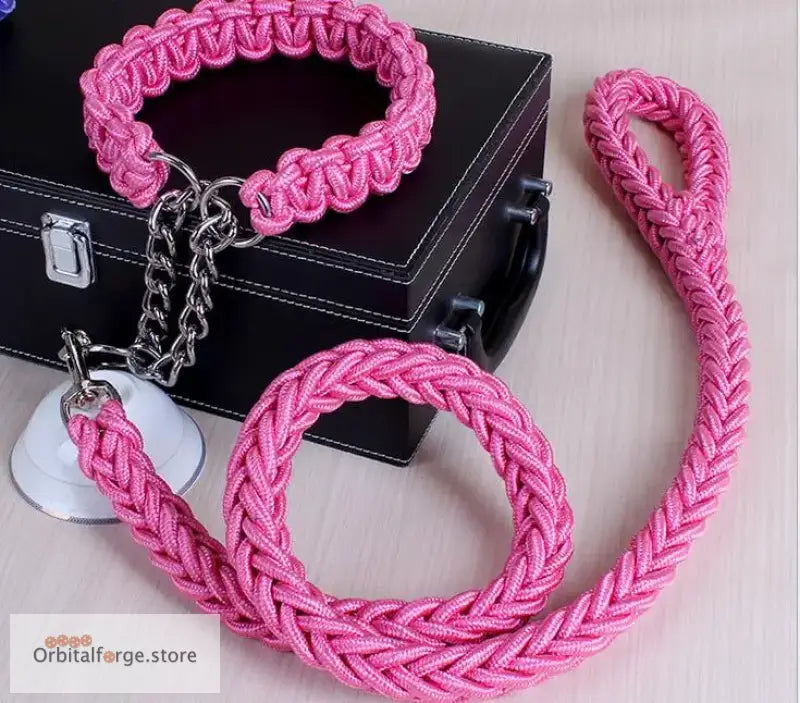 Double Strand Rope Dog Leash & Collar Set - 1.2m Reflective Nylon with Metal Buckle for Large Dogs S-XL Sizes - Pink