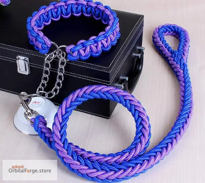 Double Strand Rope Dog Leash & Collar Set - 1.2m Reflective Nylon with Metal Buckle for Large Dogs S-XL Sizes - Blue