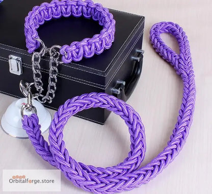 Double Strand Rope Dog Leash & Collar Set - 1.2m Reflective Nylon with Metal Buckle for Large Dogs S-XL Sizes - Purple