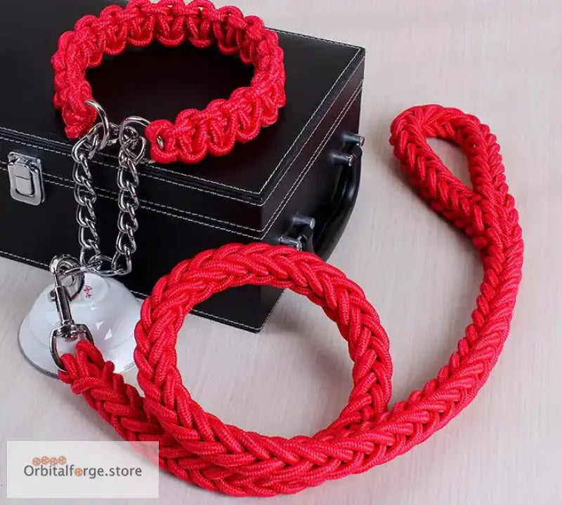 Double Strand Rope Dog Leash & Collar Set - 1.2m Reflective Nylon with Metal Buckle for Large Dogs S-XL Sizes - Red / S