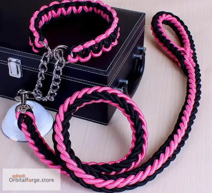 Double Strand Rope Dog Leash & Collar Set - 1.2m Reflective Nylon with Metal Buckle for Large Dogs S-XL Sizes - Black