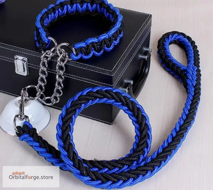 Double Strand Rope Dog Leash & Collar Set - 1.2m Reflective Nylon with Metal Buckle for Large Dogs S-XL Sizes - Black