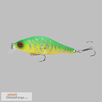 Durable hard plastic green and yellow fishing lure with treble hooks and red eye