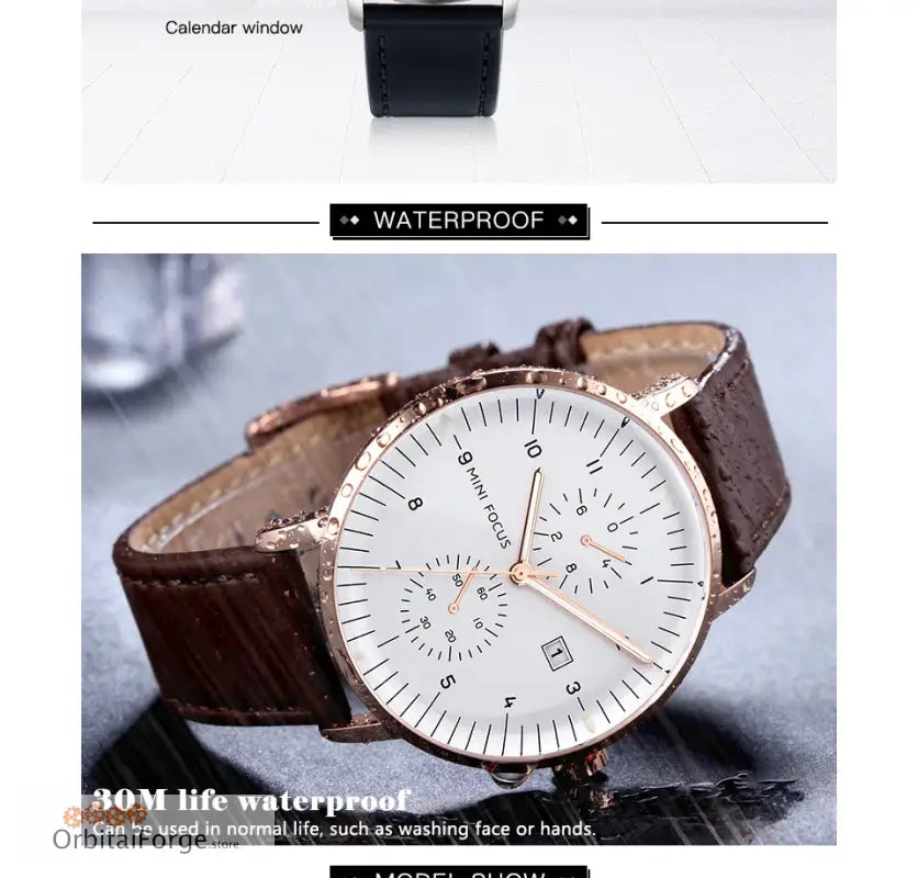 Waterproof Elegant Rose Gold Watch with Genuine Leather Strap and White Dial