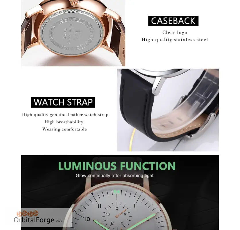 Elegant Rose Gold Watch with luminous hands and genuine leather strap for everyday style