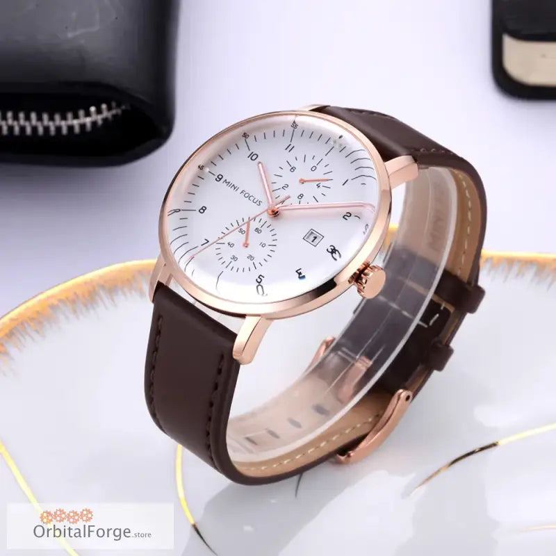 Elegant Rose Gold Chronograph Watch with Genuine Leather Strap and White Dial