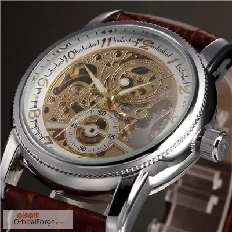 Elegant Skeleton Watch with 40mm polished case and exposed gears on leather strap