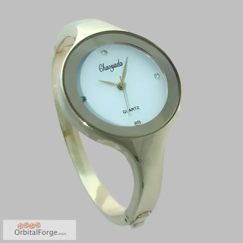 Elegant Stainless Steel Women’s Cuff Watch with a minimalist white bangle design