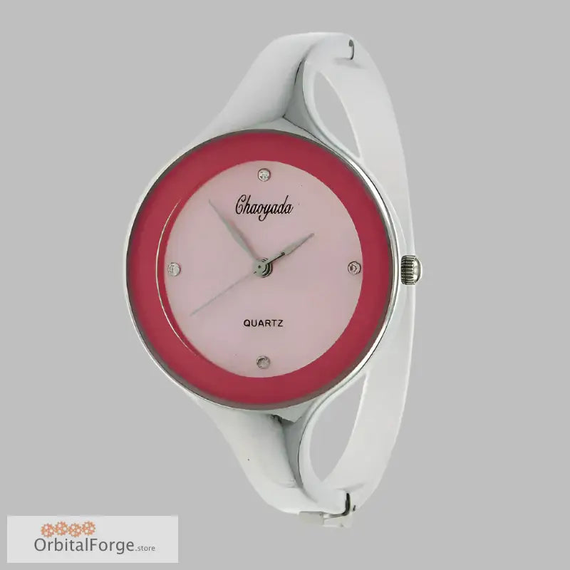 Elegant Stainless Steel Women’s Cuff Watch with Pink Dial and Red Bezel image