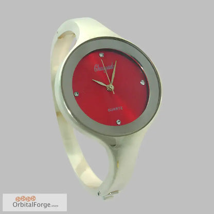 Elegant Women’s Cuff Watch with Stainless Steel Bracelet and Red Face for trendy style