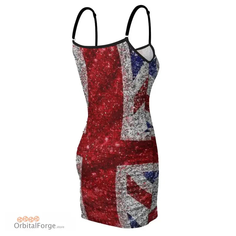 Faux Glitter Union Jack Sequin Dress - UK Flag Spaghetti Strap Summer Evening Dress with Slight Stretch