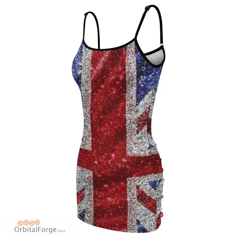 Faux Glitter Union Jack Sequin Dress - UK Flag Spaghetti Strap Summer Evening Dress with Slight Stretch