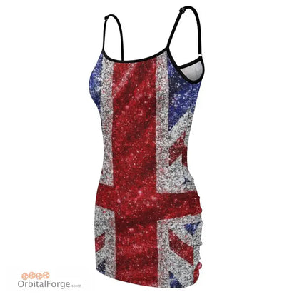 Faux Glitter Union Jack Sequin Dress - UK Flag Spaghetti Strap Summer Evening Dress with Slight Stretch