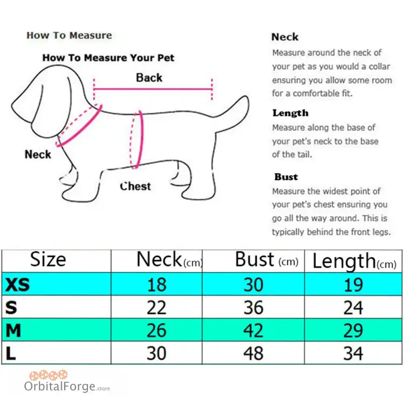 Dog measurement guide showing where and how to measure neck, chest, and back length with a size chart.