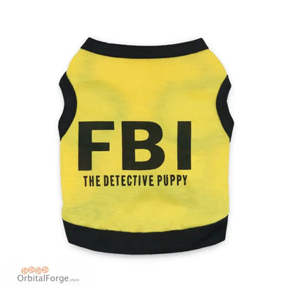 Yellow dog vest with ’FBI THE DETECTIVE PUPPY’ text in black lettering.