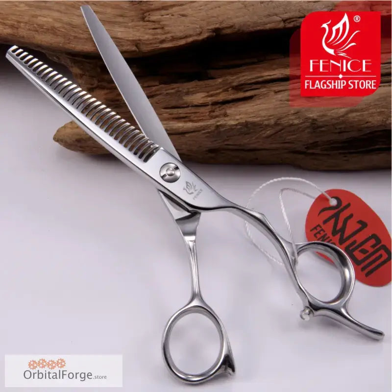 Professional thinning scissors with one serrated blade for hair cutting.