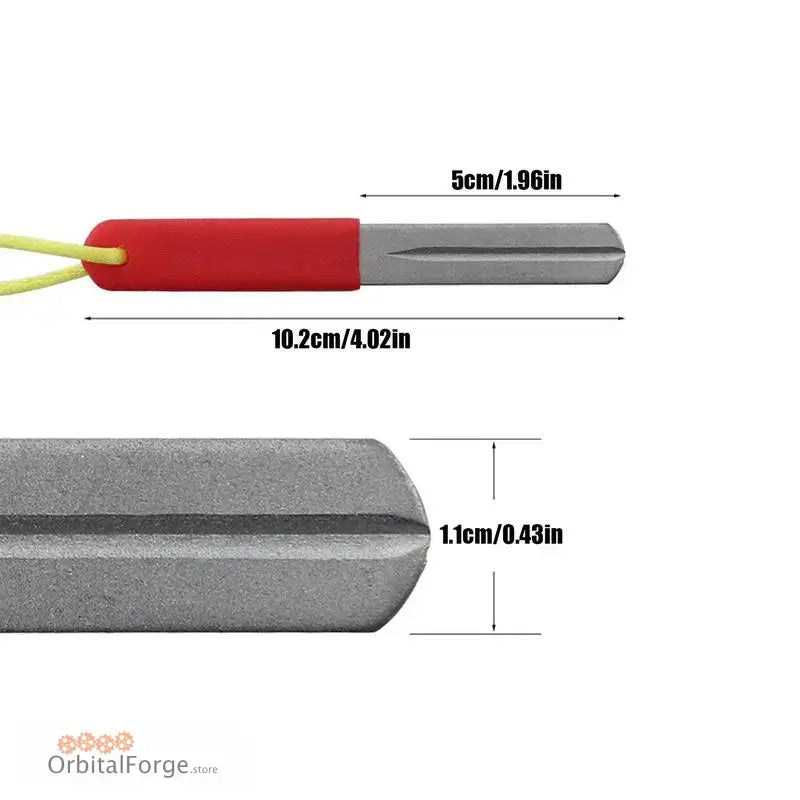 Double-sided metal sharpening tool with a red handle and cord.