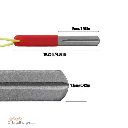 Double-sided metal sharpening tool with a red handle and cord.