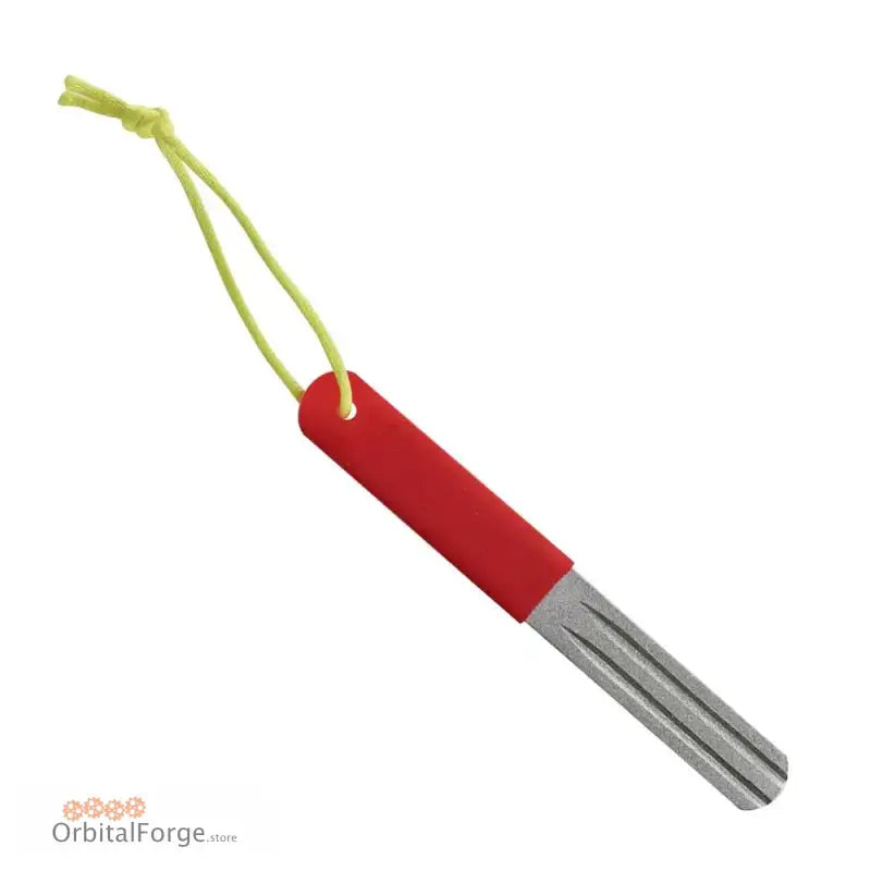 Red-handled metal file tool with a green cord attached.