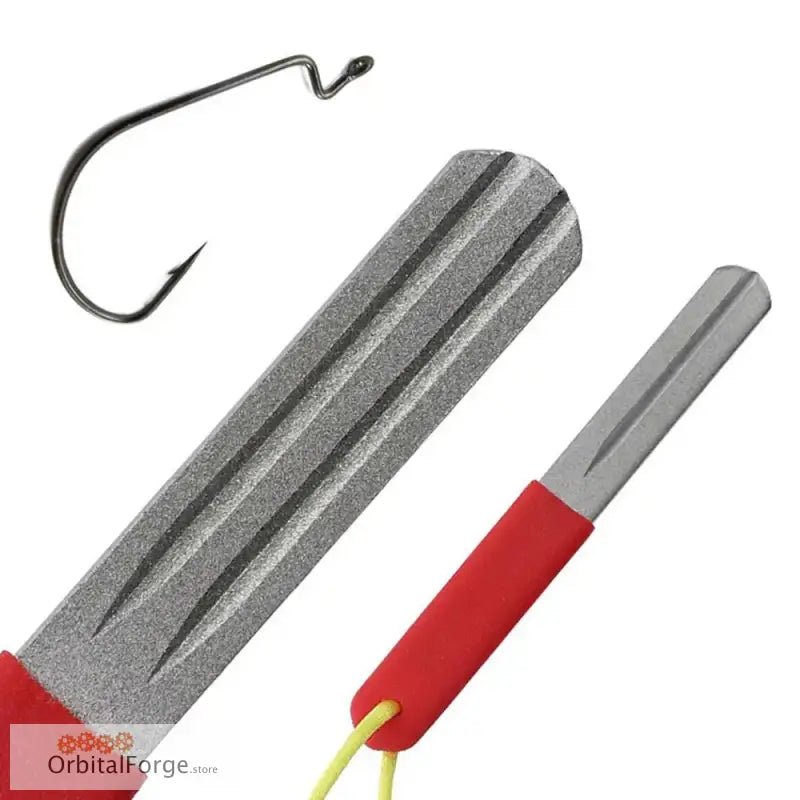 Hook and file sharpening tool with red handle.