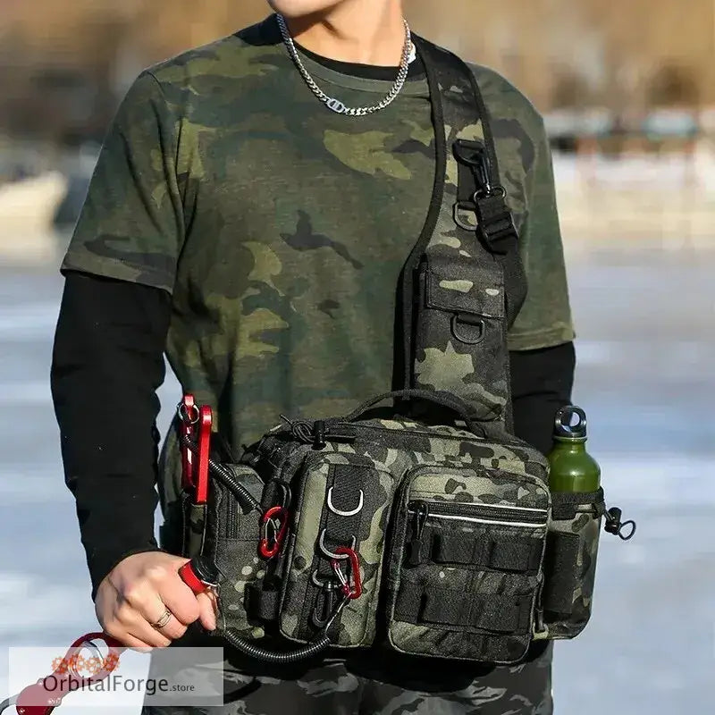 Tactical chest rig with multiple pouches and compartments in black camouflage pattern.