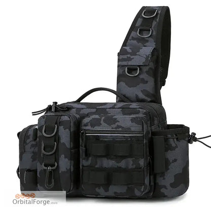 Black camouflage tactical sling bag with multiple compartments and MOLLE webbing.