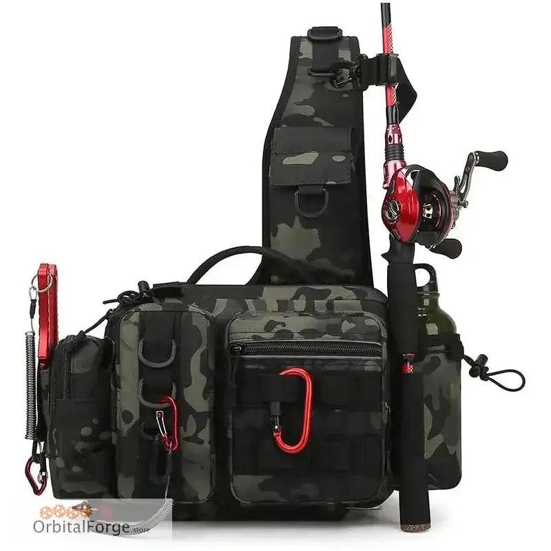 Camouflage fishing tackle bag with rod holders and multiple storage compartments.