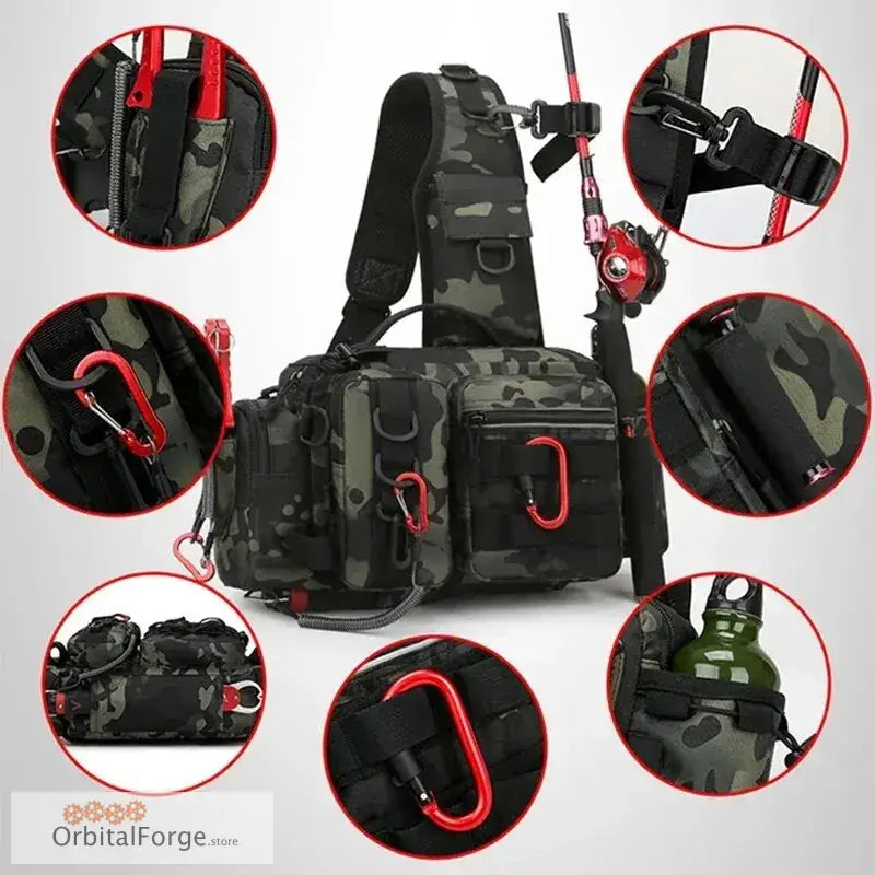 Tactical chest rig with multiple pouches and carabiners in black camouflage pattern.