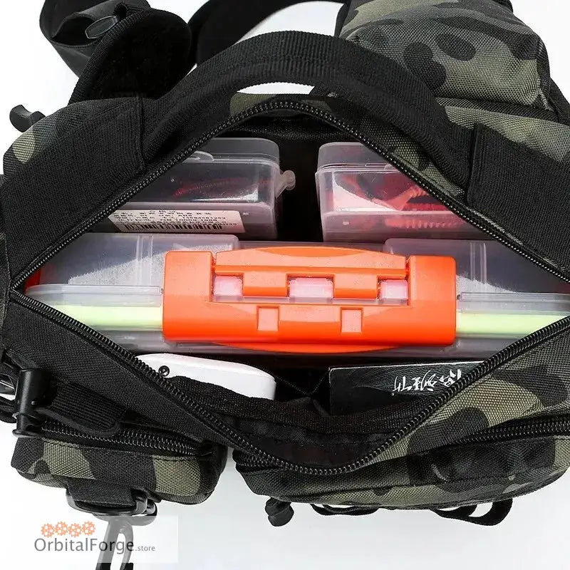 Orange plastic battery case inside a camouflage backpack.