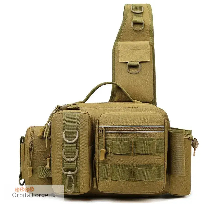 Tan tactical sling bag with multiple pouches and MOLLE webbing attachments.