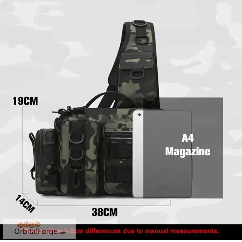 Military-style tactical sling bag in camouflage pattern.